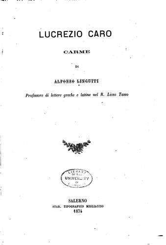 Alfonso Linguiti: Lucrezio Caro (Italian language, 1874, Stab. tipograficoMigliaccio)