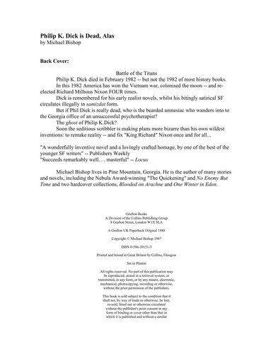 Michael Bishop: Philip K. Dick is Dead, Alas. (Undetermined language, 1988, Grafton Bks.)