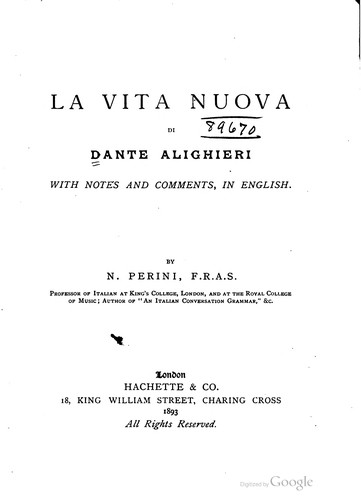 Dante Alighieri: La vita nuova di Dante Alighieri (Italian language, 1893, Hachette & Co.)