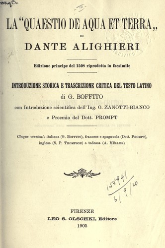 La Quaestio de Aqua et Terra (Latin language, 1907, Vincenzi)