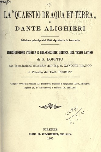 Dante Alighieri: La Quaestio de Aqua et Terra (Latin language, 1907, Vincenzi)