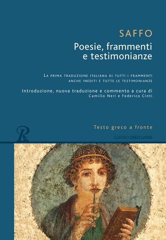 Copertina di Poesie, frammenti e testimonianze di Saffo: riporta un affresco pompeiano raffigurante un medaglione con un busto di donna che si suppone essere Saffo.