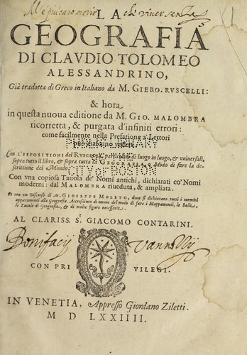 Ptolemy: La geografia di Claudio Tolomeo Alessandrino (Italian language, 1574, Appresso Giordano Ziletti)