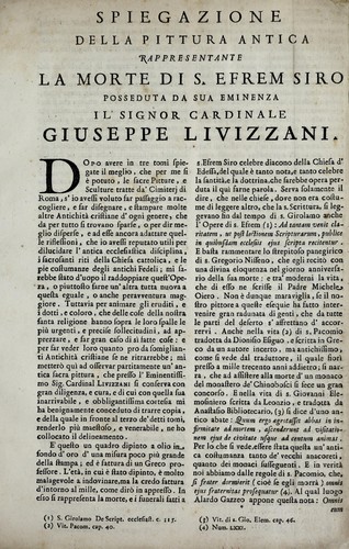 Giovanni Gaetano Bottari: Spiegazione della pittura antica rappresentante la morte die S. Efrem Siro, posseduta da Sua Eminenza il signor cardinale Giuseppe Livizzani (Italian language, 1754, Niccolò & Marco Pagliarini)